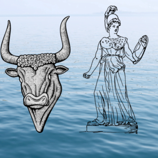goddess athena and minotaur over sea