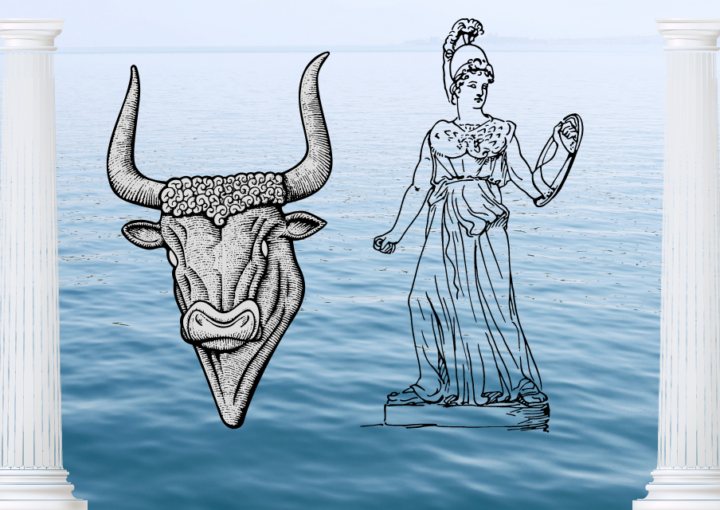 goddess athena and minotaur over sea