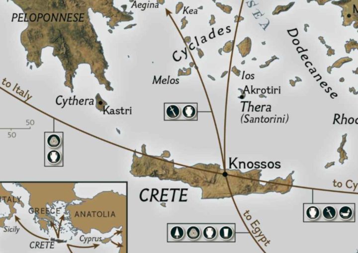 Map showing Mediterranean trade routes and commercial networks linked to the Minoan economy.