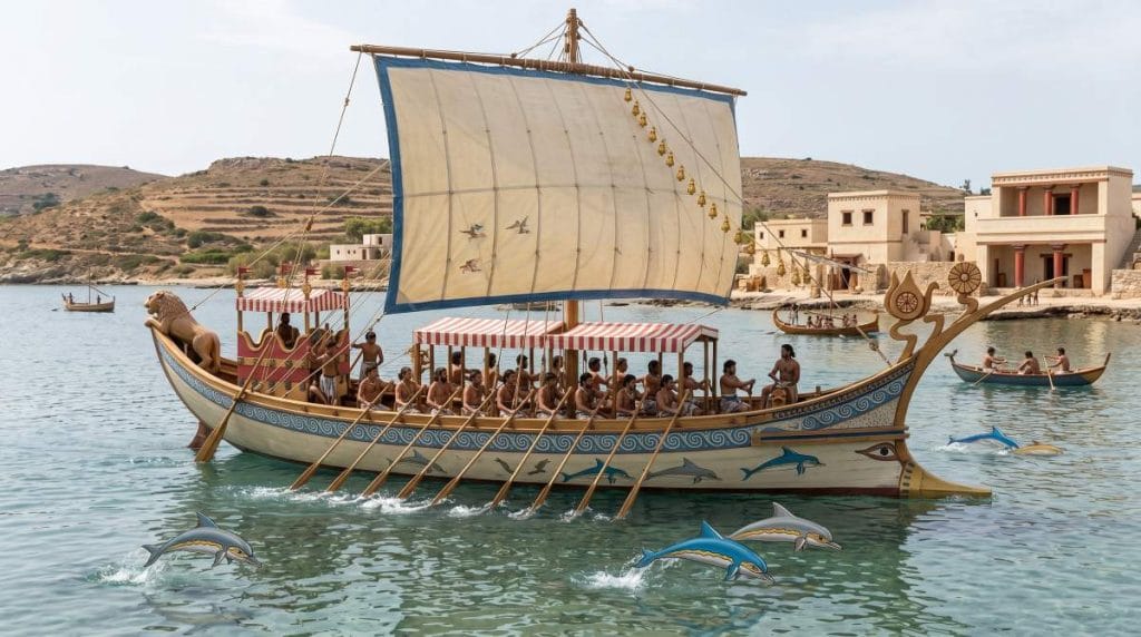 Artistic reconstruction of a Minoan ship sailing near a Bronze Age harbour in ancient Crete.