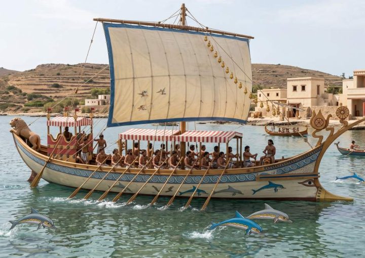 Artistic reconstruction of a Minoan ship sailing near a Bronze Age harbour in ancient Crete.