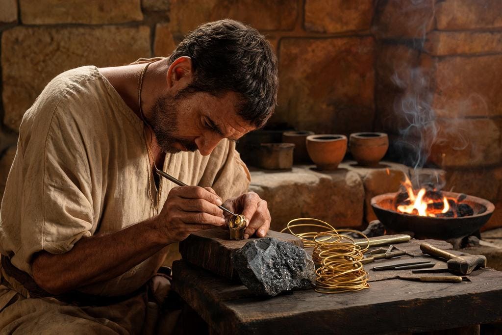Bronze Age Aegean goldsmith crafting a meteorite iron ring