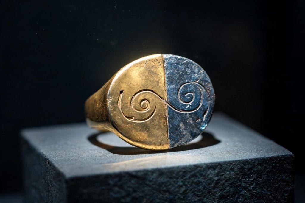 Minoan meteorite iron signet ring with a split gold-and-iron bezel