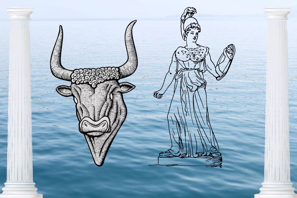 goddess athena and minotaur over sea